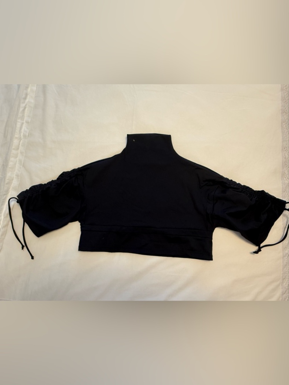 Cropped Black Mock Neck Drawstring Sleeve Top